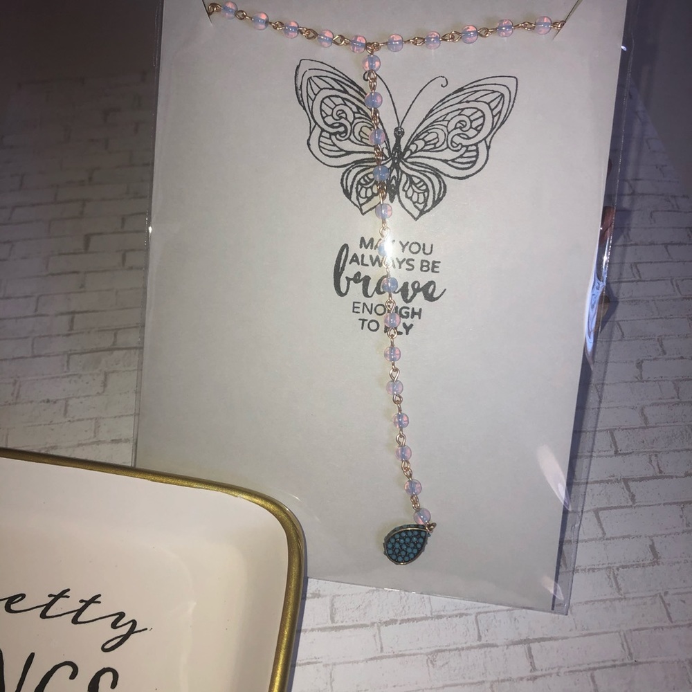 Lite blue rosary chain lariat necklace